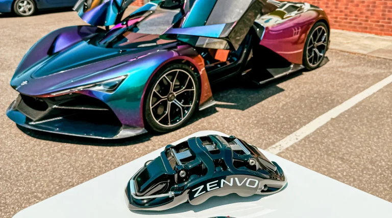 Zenvo Aurora confirms Alcon as technical partner for ultimate stopping power, with the hypercar shown here parked up with the two doors open.