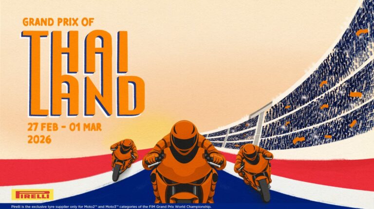 Illustration to promote the Thailand Grand Prix, witih three motorccle riders racing along a blue, red and white racetrack against an orange background.